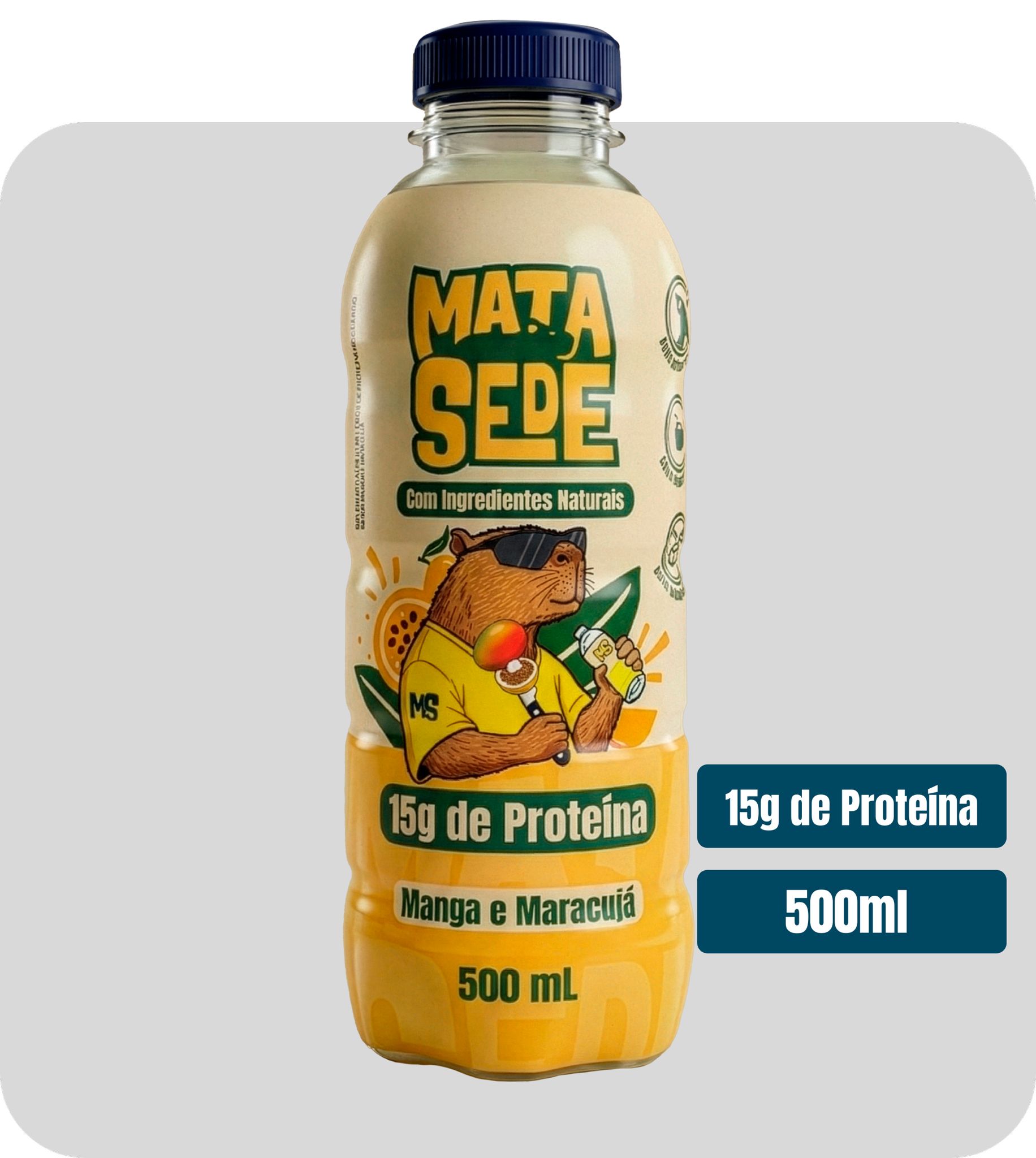 Mata Sede Manga e Maracujá — bebida proteica hidratante 500ml, 15g de proteína, água de coco e fruta real, ingredientes naturais, zero açúcar adicionado